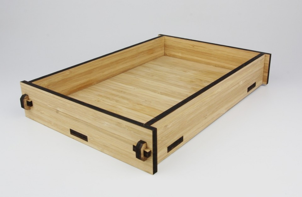 A bamboo tray for hand assambly (without the use of adhesives) cut with a laser