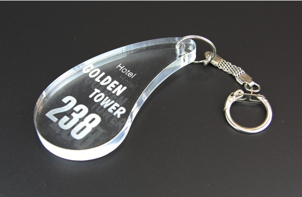 Laser cutting and marking on transparent acrylic - Hotel Key Holder with a variable information